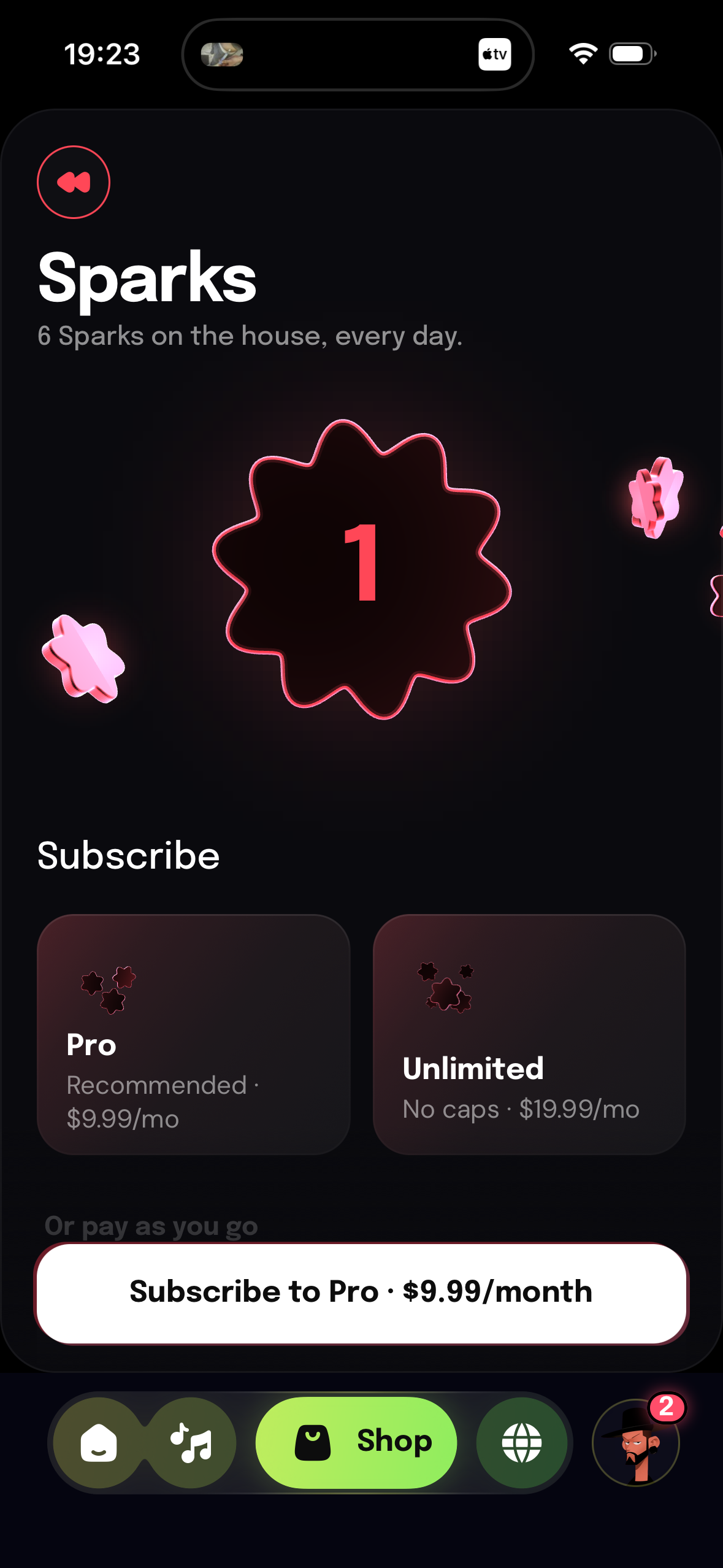 Sparks subscription screen